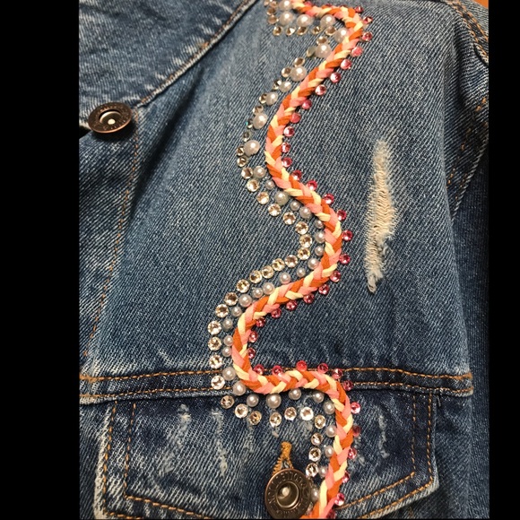 Pink Crystal Pearl Flower Embellished Distressed Jean Duster - Picture 8 of 14